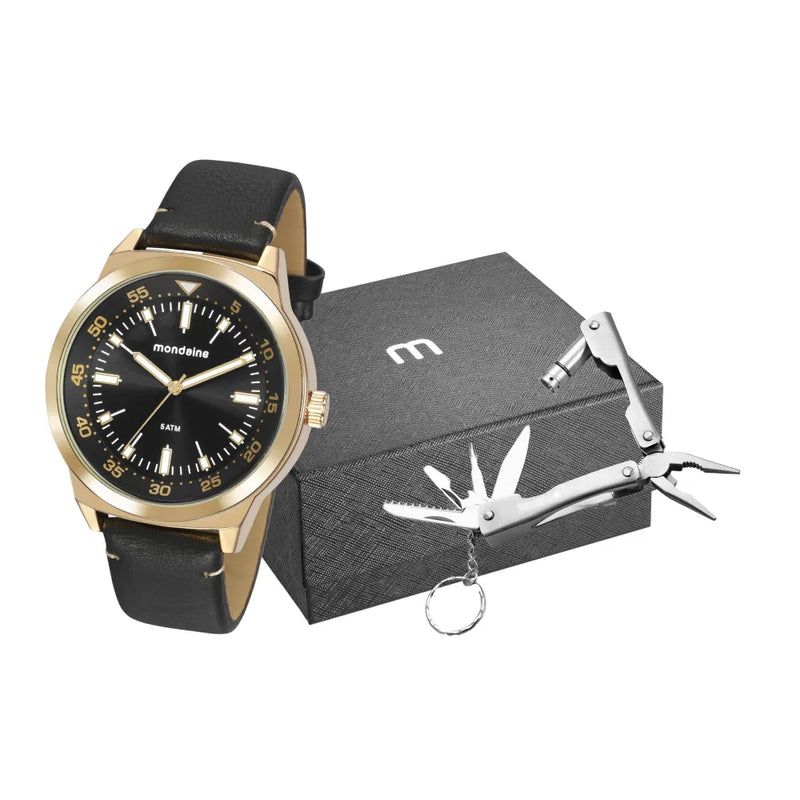 Kit Relógio Masculino Preto com Chaveiro Multiuso